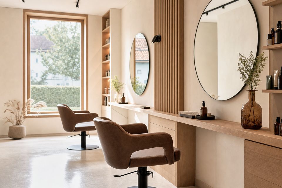 the room seen from a different angle, detail of the working area, chairs and mirrors, no people